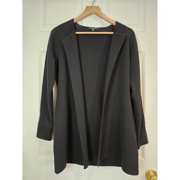 Eileen Fisher Open Front 100% Wool Cardigan Jacket Black Size XS Tunic Length - Picture 2 of 8